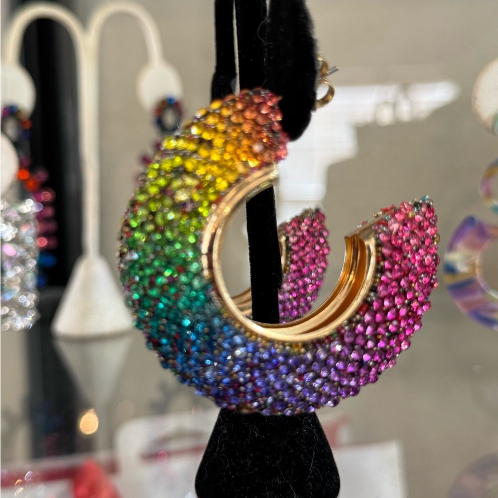 Vibrant Rainbow Crystal Hoop Earrings